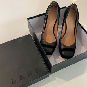 L.A.M.B. Gwen Stefani Leisure Black Suede Leather Heels